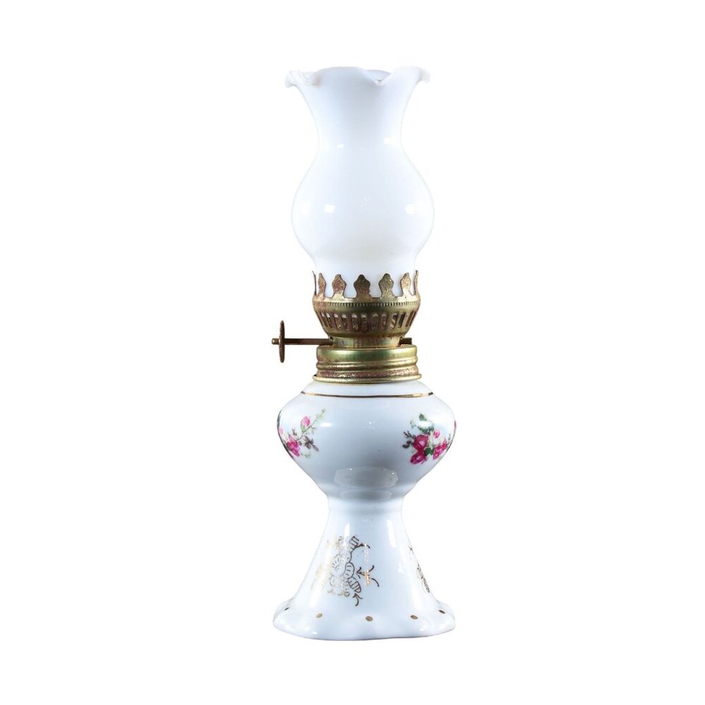 Oil Lamp Made in Hong Kong White Miniature Vintage Porcelain Kerosene Lamp